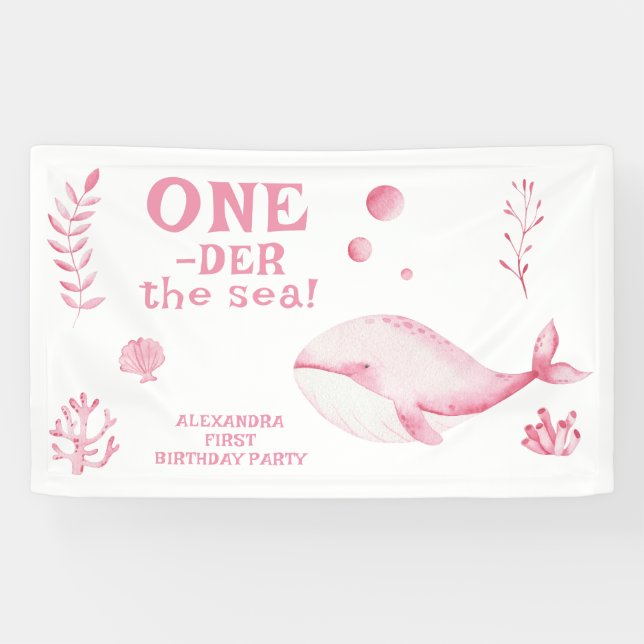 Pink Whale Oneder The Sea 1st Birthday  Banner (Horizontal)