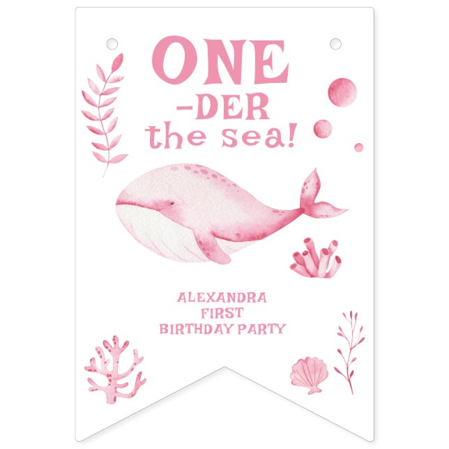 Pink Whale Oneder The Sea 1st Birthday  Wimpelkette (Erste Fahne)