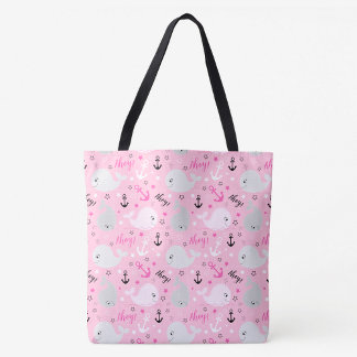 Pink Whales Anchors Nautical Girean Ocean Pattern Tasche
