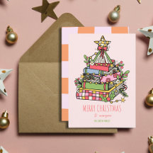 Pink Whimsical Book Tree Weihnachtskarte