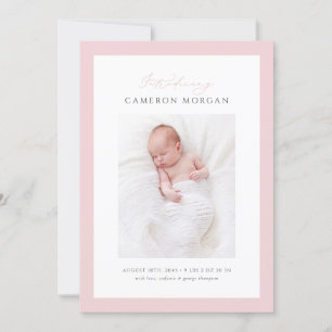 Pink Whimsical Calligraphy Foto Baby Birth Ankündigung