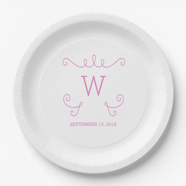 Pink Whimsical Geblüht Monogram Paper Teller (Vorderseite)