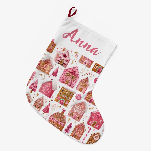 Pink Whimsical Gingerbread Houses Name Stocking Großer Weihnachtsstrumpf (Vorderansicht (hängend))
