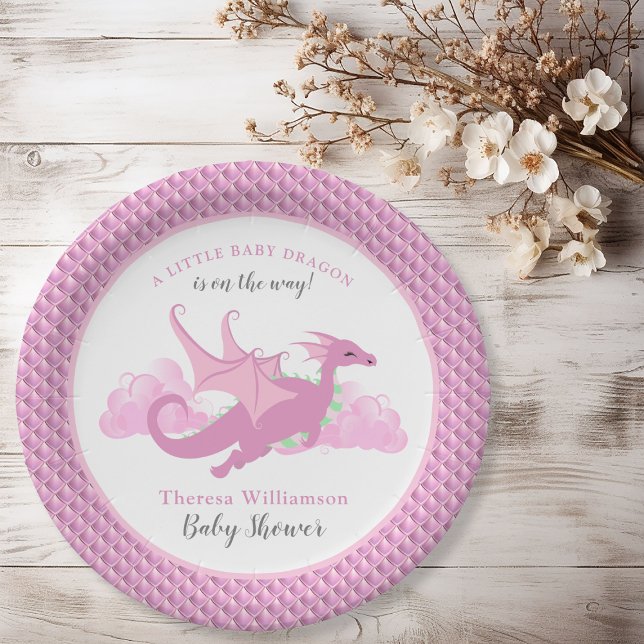 Pink Whimsical Girl Dragon Baby Dusche Pappteller (Pink Whimsical Girl Dragon Baby Shower Paper Plates)