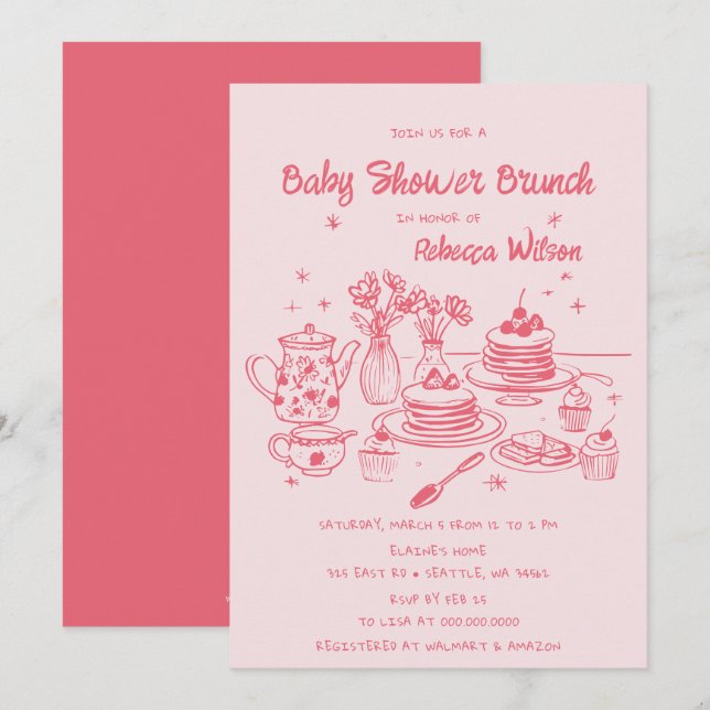 Pink Whimsical Hand Drawn Girl Babydusche Brunch Einladung (Vorne/Hinten)