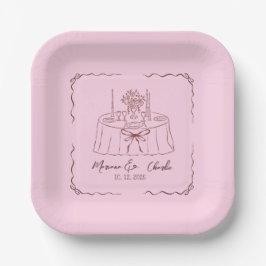 Pink Whimsical Hand Drawn Illustrated Wedding Pappteller