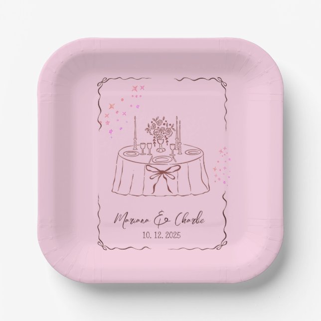 Pink Whimsical Hand Drawn Illustrated Wedding  Pappteller (Vorderseite)