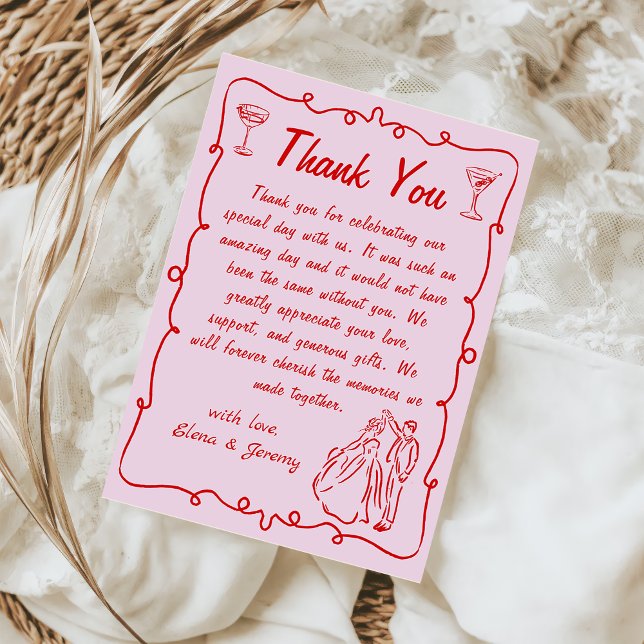 Pink Whimsical Hand Drawn Wedding Danke Karte (Von Creator hochgeladen)