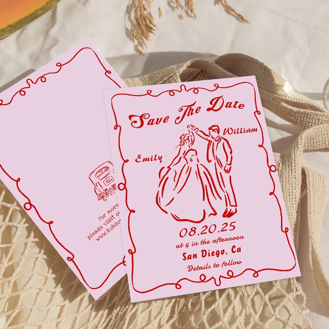 Pink Whimsical Hand Drawn Wedding Save the Date Einladung (Von Creator hochgeladen)
