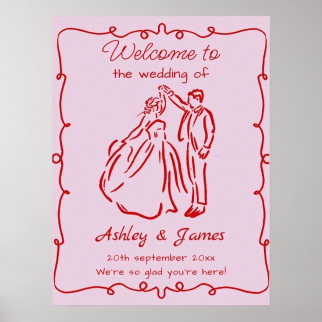 Pink Whimsical Hand Drawn Wedding Willkommenszeich Poster (Vorne)