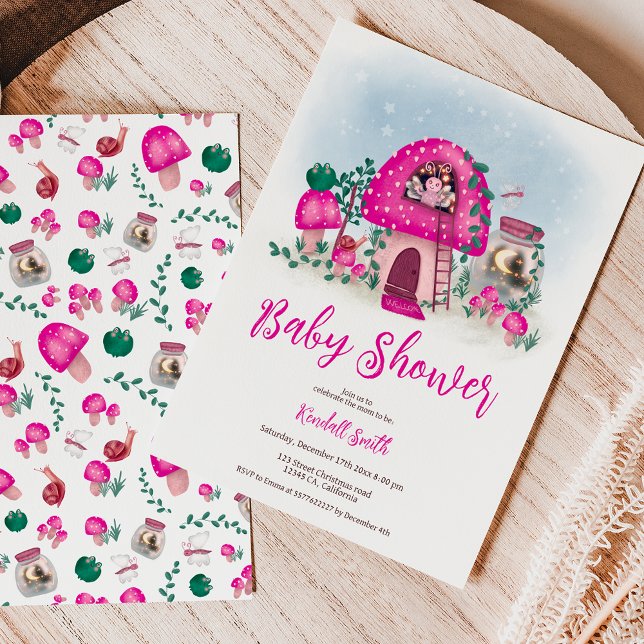 Pink whimsical wood fee-Pilzdusche Einladung (Pink whimsical woodland fairy mushroom baby shower invitation)