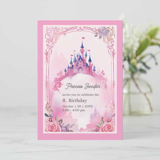 Pink whimsicess märchenhafte Burg Geburtstag Einladung (Stehend Vorderseite)