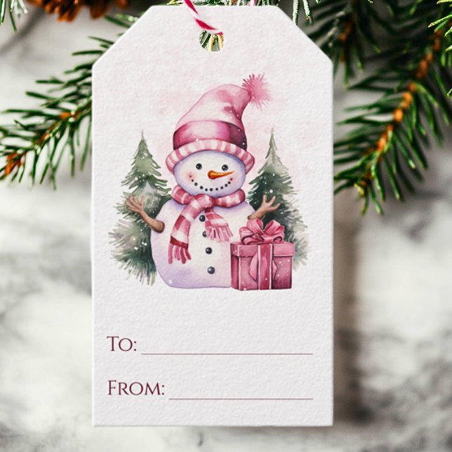 Pink Whimsiday Snowman Weihnachten Geschenkanhänger (Cute watercolor pink snowman to and from Christmas gift tags)