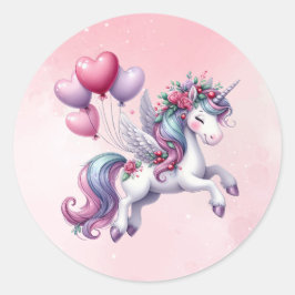 Pink whimsisical fliegend unicorn runder aufkleber