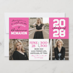 Pink & White 3 Photo Graduation Invitation