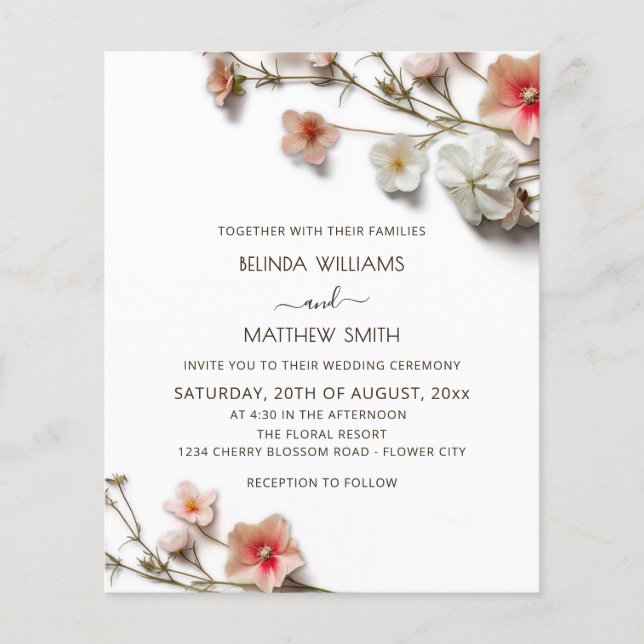 Pink White 3D Wildflowers BUDGET Wedding Flyer (Vorne)