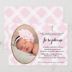 Pink White and Gold Cross Baby Girl Baptisse Einladung