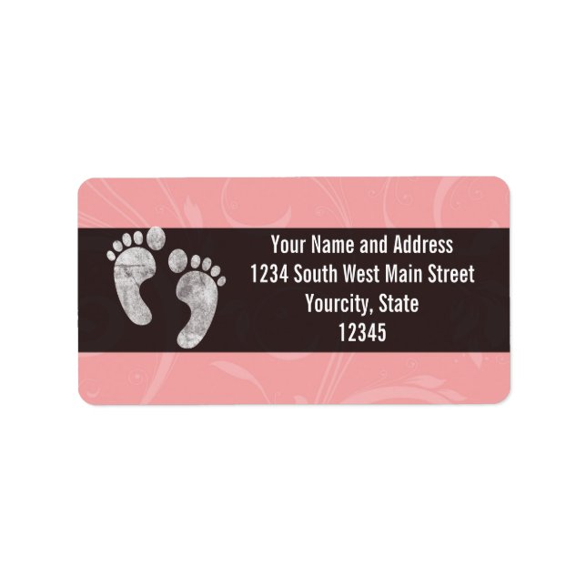 Pink/White Baby Footprints Adressaufkleber (Vorne)