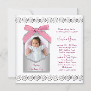 Pink White Baby Girl Foto Christening Einladung