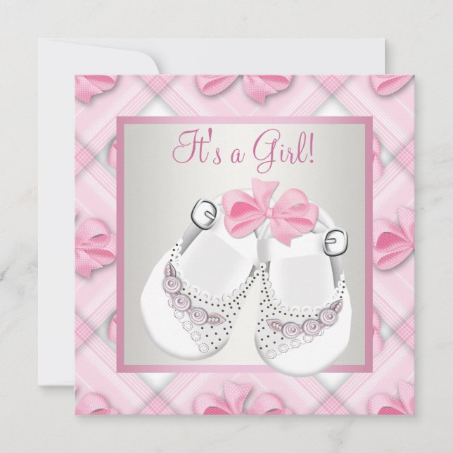 Pink White Baby Shoes Pink Baby Girl Dusche Einladung (Vorderseite)