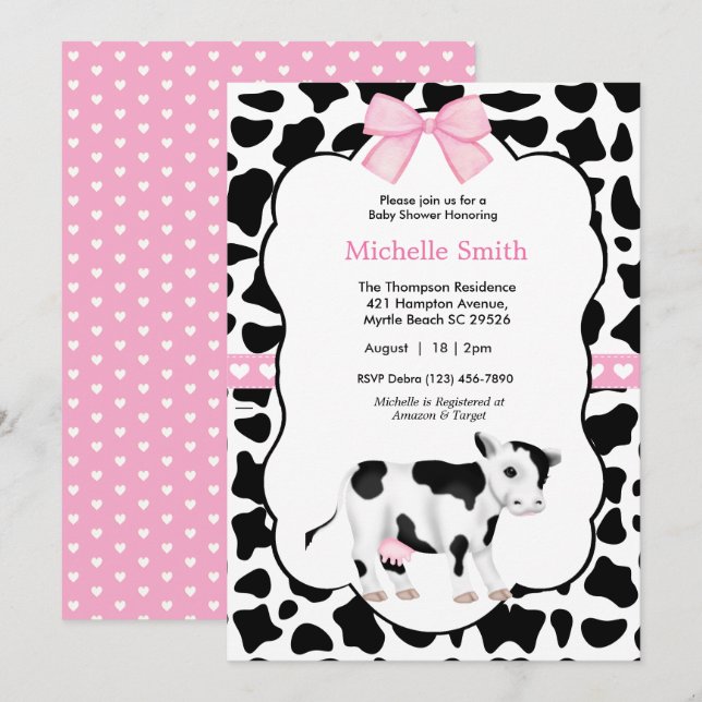 Pink White Black Cow Print Baby Dusche Einladung (Vorne/Hinten)