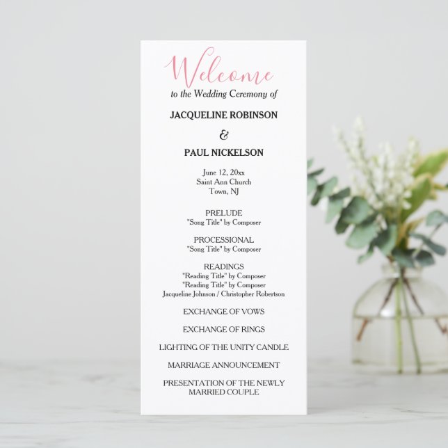 Pink White Black Wedding Program Programm (Stehend Vorderseite)