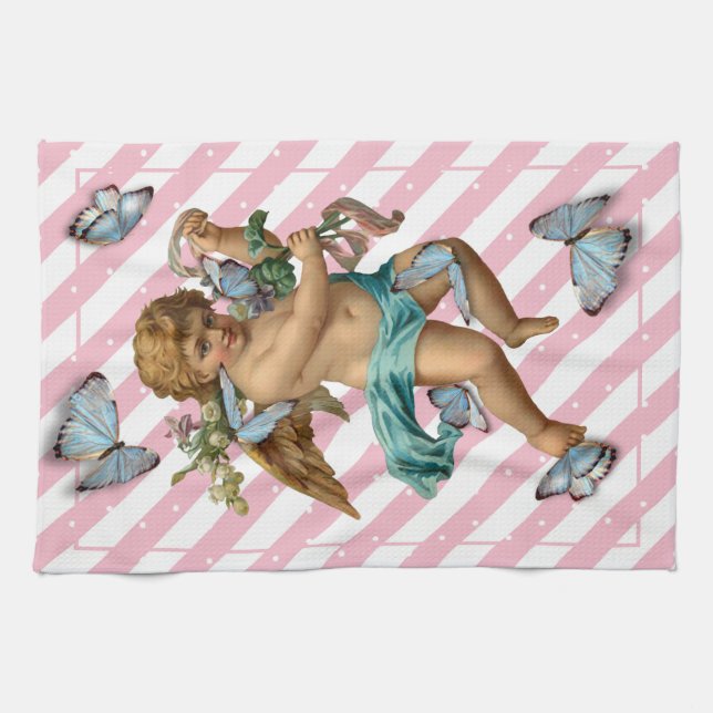 Pink White Blue Cherub Butterfly Küche Handtuch (Horizontal)