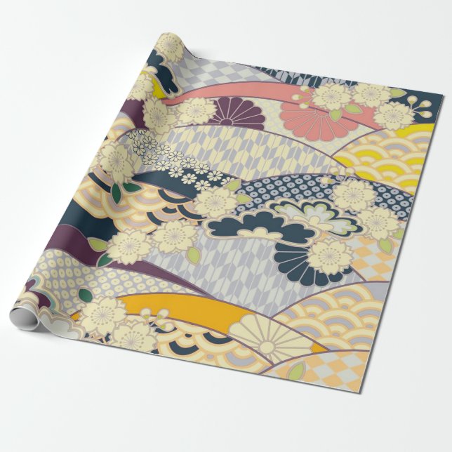 Pink White Blue Japanisch Kimono Blumendekoupage Geschenkpapier (Ungerollt)