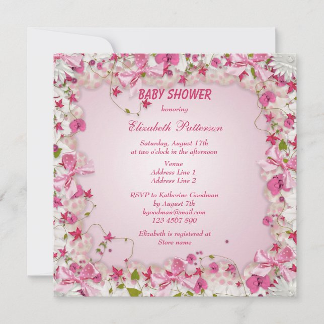 Pink & White Blume & Bows Baby Girl Dusche Einladung (Vorderseite)