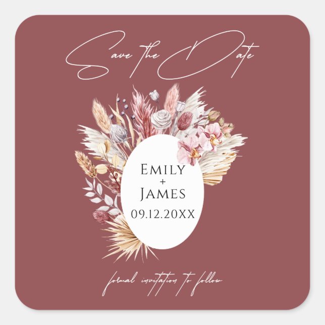 Pink White Boho Pampas Blumenrahmen Hochzeit Quadratischer Aufkleber (Vorderseite)