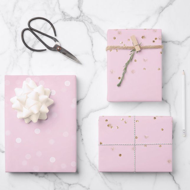 Pink White Bokeh Gold Glitter Confetti Christmas Geschenkpapier Set (Vorderseite)