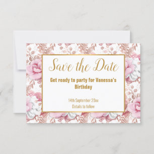 PINK WHITE BOUQUET BLUME SAVE THE DATE GOLD ANKÜNDIGUNG