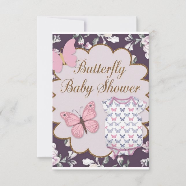 Pink & White Butterfly Baby Dusche Einladung | El (Vorderseite)