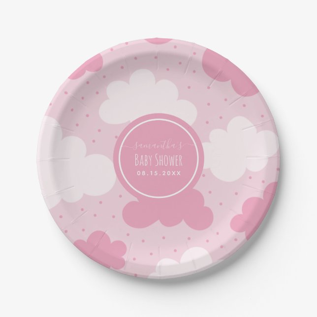 Pink & White Cartoon Clouds Girl Babydusche Niedli Pappteller (Vorderseite)