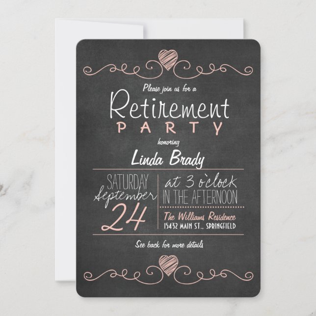 Pink & White Chalkboard Pensionierung Party Einladung (Vorderseite)
