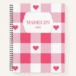 pink &white checkered heart pattern monogram name notizbuch