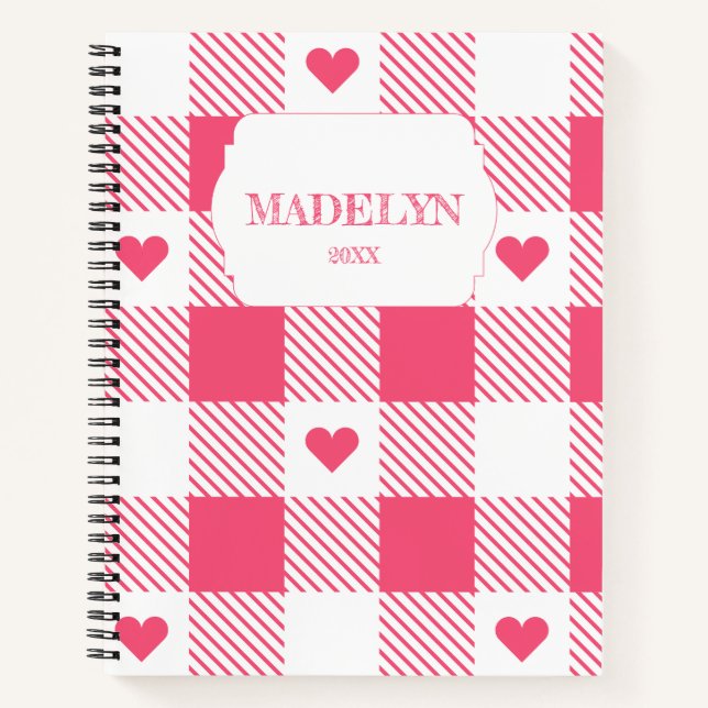 pink &white checkered heart pattern monogram name notizbuch (Vorderseite)