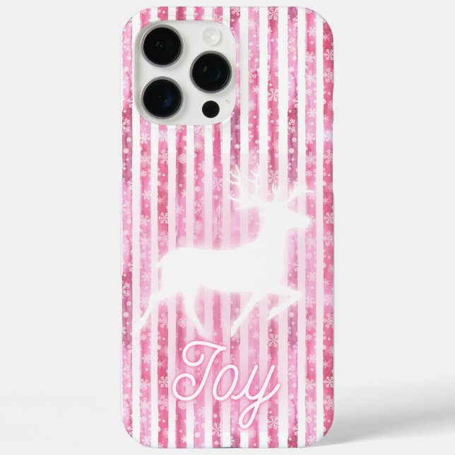 Pink & White Christmas Joy Reindeer iPhone 16 Pro Max Hülle (Rückseite)