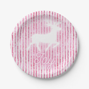 Pink & White Christmas Joy Reindeer Pappteller