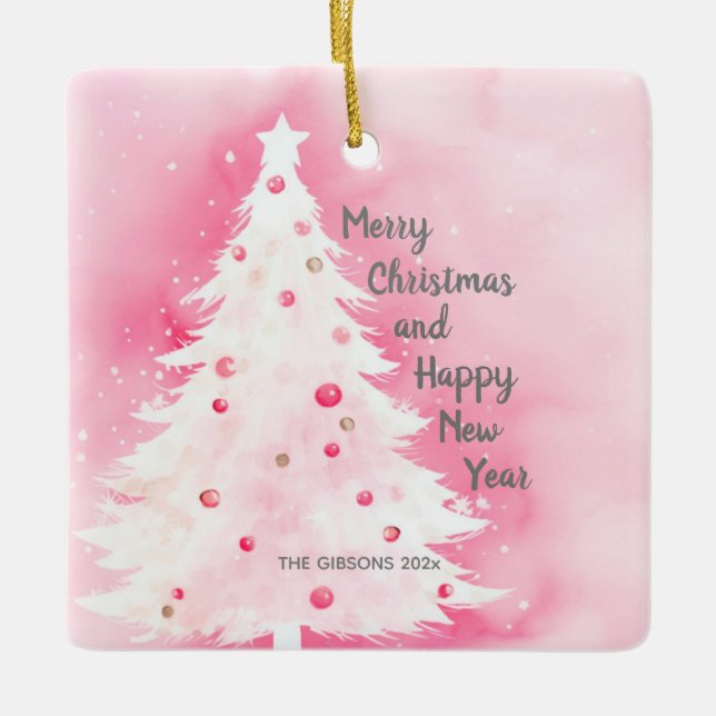 Pink White Christmas Tree Keramikornament (Vorderseite)