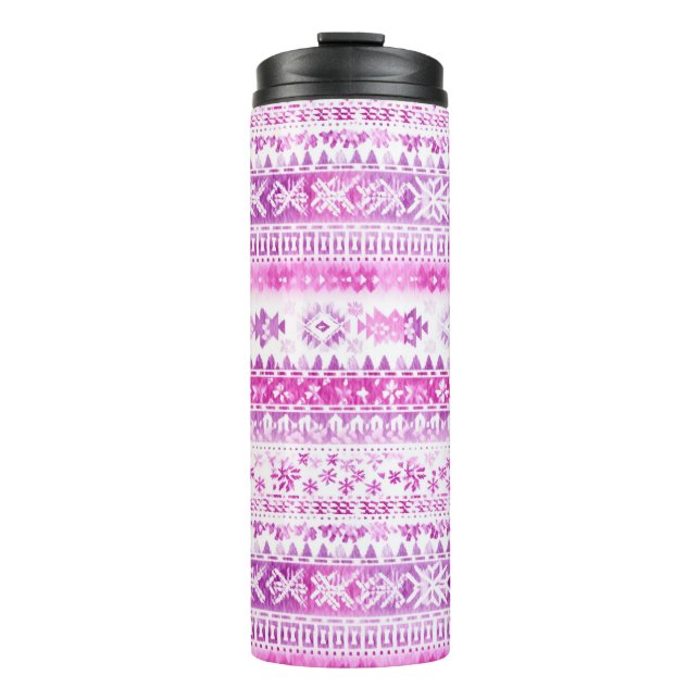 Pink White Cozy Stripes Christmas Thermosbecher (Vorderseite)