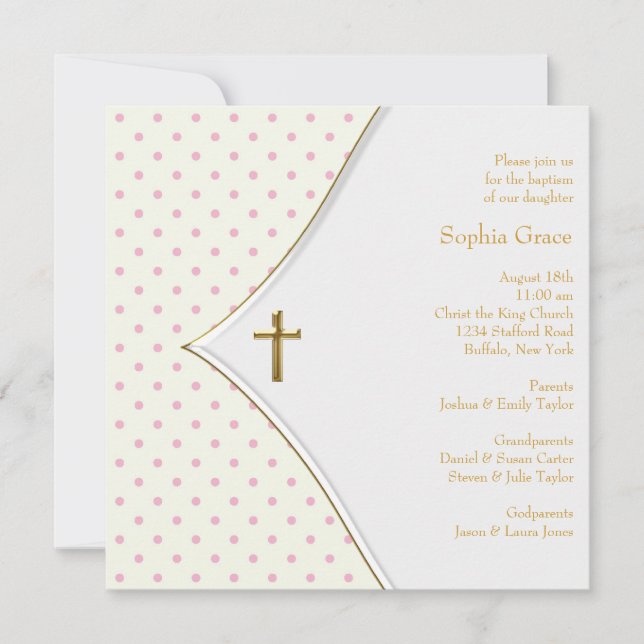 Pink White Cross Baby Christening Einladung (Vorderseite)