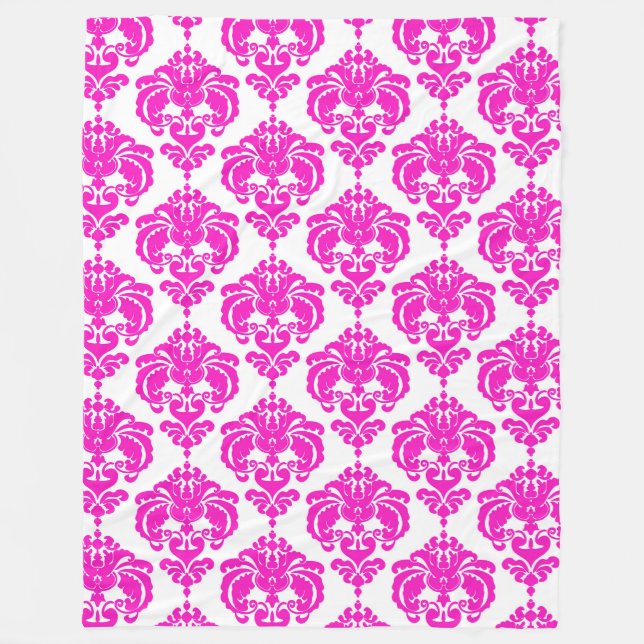 Pink & White Damask Muster Chic Elegantes Design T Fleecedecke (Vorderseite)
