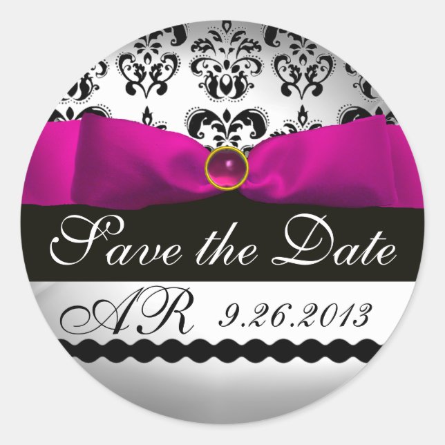 PINK WHITE DAMASK RIBBON MONOGRAM Lila Fuchsia Runder Aufkleber (Vorderseite)