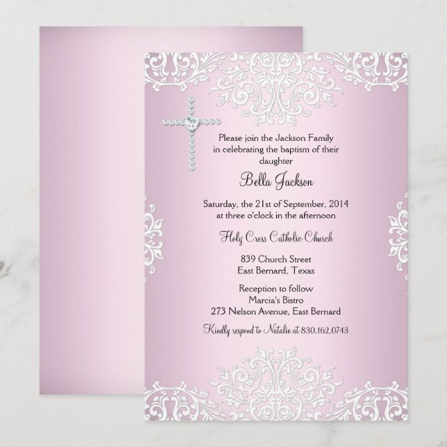 Pink White Damask Taufen/Christening Einladung (Vorne/Hinten)