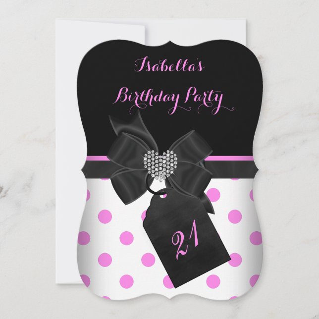 Pink White Diamond Herz Black Polka Dots Geburtsta Einladung (Vorderseite)