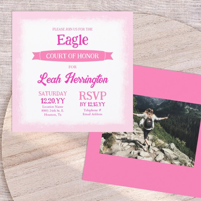 Pink & White Eagle Court of Honor Party Einladung (Pink eagle scout court of honor photo invitation with decorative banner ribbon)