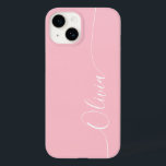 Pink White Elegance Calligraphy Script Name Case-Mate iPhone 14 Hülle<br><div class="desc">Pink White Elegant Kalligraphie Script Custom Personalisiert Name iPhone 14 Smart Phone Cases bietet ein modernes und trendy einfaches und stilvolles Design mit Ihrem personalisierten Namen in elegantem handgeschriebenen Kalligraphieskript Typografie auf einem weichen rosa Hintergrund. Entworfen von ©Evco Studio www.zazzle.com/store/evcostudio</div>
