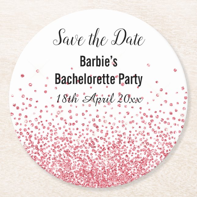 PINK WHITE ELEGANT SAVE THE DATE Bachelorette Runder Pappuntersetzer (Vorderseite)