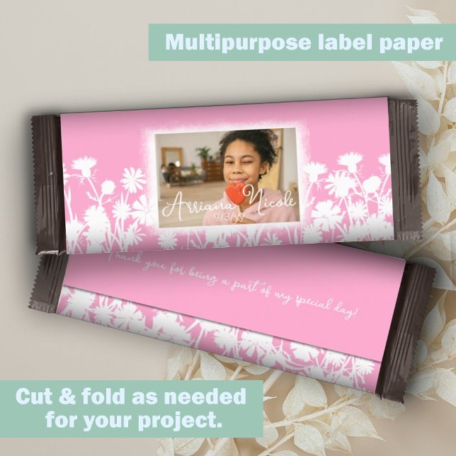 Pink White Floral Bat Mitzvah Candy Bar Wrapper (Pink, white botanical wild flowers bat mitzvah personalized chocolate bar wrapper DIY cheap budget)